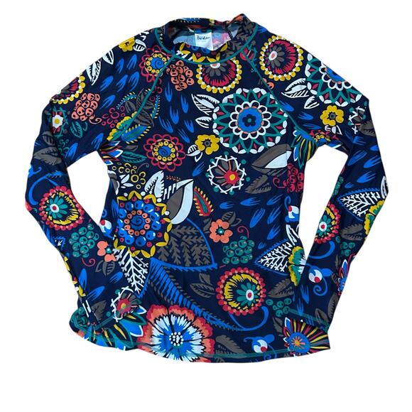 Boden Rashguard Womens Size 8 Long Sleeve Swim Top Navy Floral Paisley Modest - Picture 2 of 6